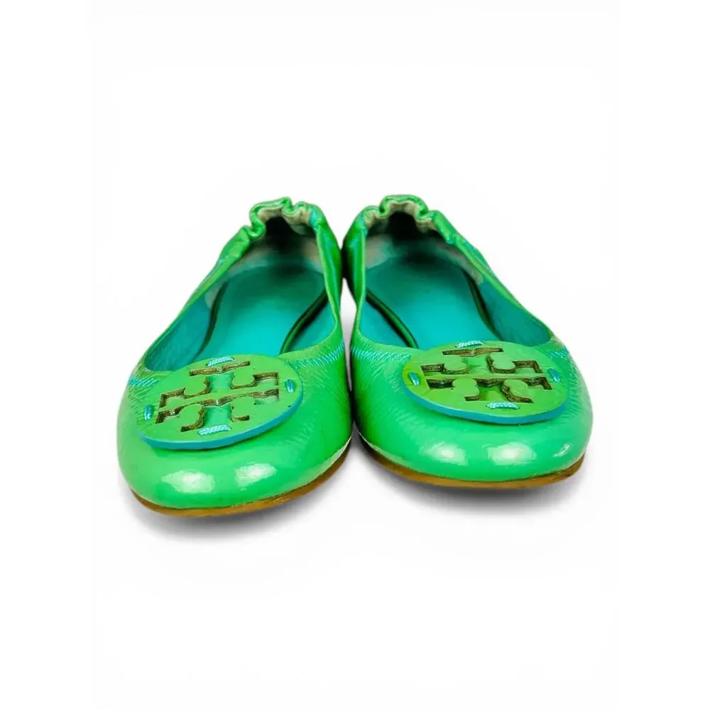 Tory Burch Caroline Green Leather Ballet Flats Size 6 Gold Logo Scrunch Elastic